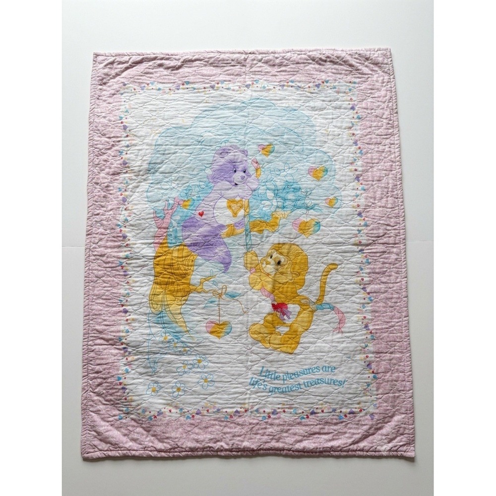 Vintage 1985 Care Bears & Cousins Quilted Baby Blanket Wall Hanging 43"x33 Pink